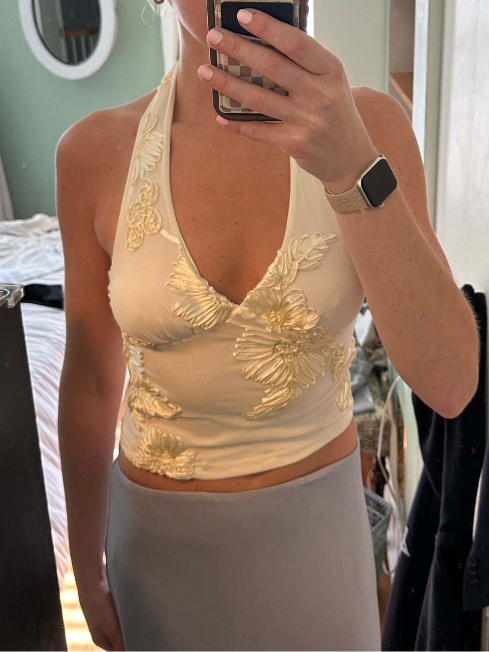Ivory Halter Floral Appliqué Crop Top